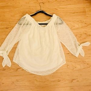 Express off shoulder cream/white side tie shirt